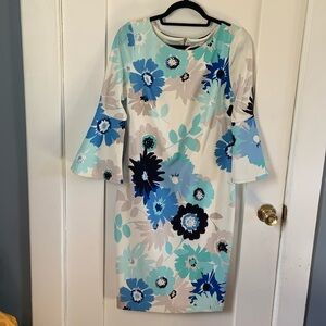 Calvin Klein Bell Sleeve Dress, New. Blue, Tan and White
